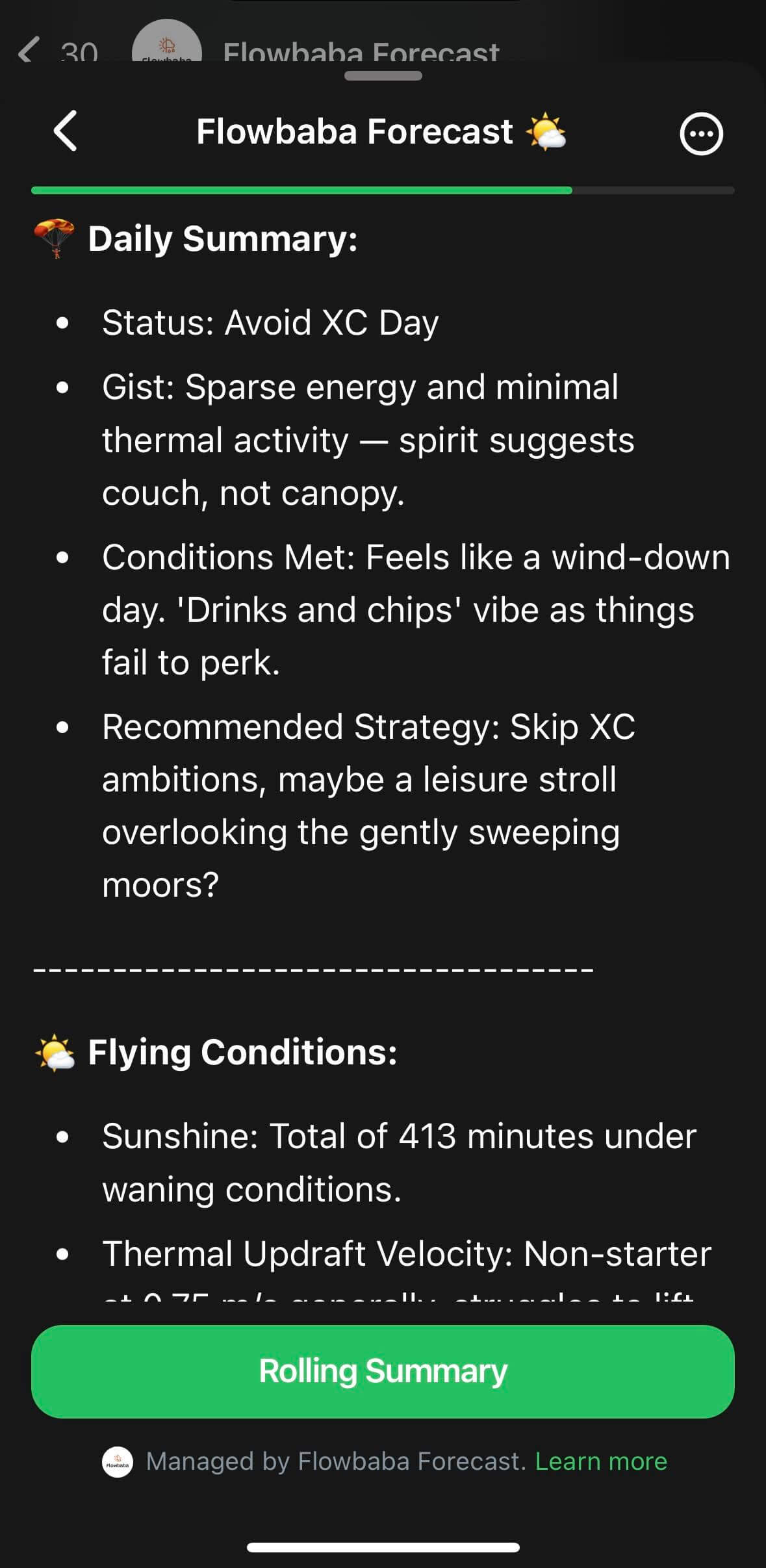 Flowbaba Forecast Daily Summary and Flying Conditions